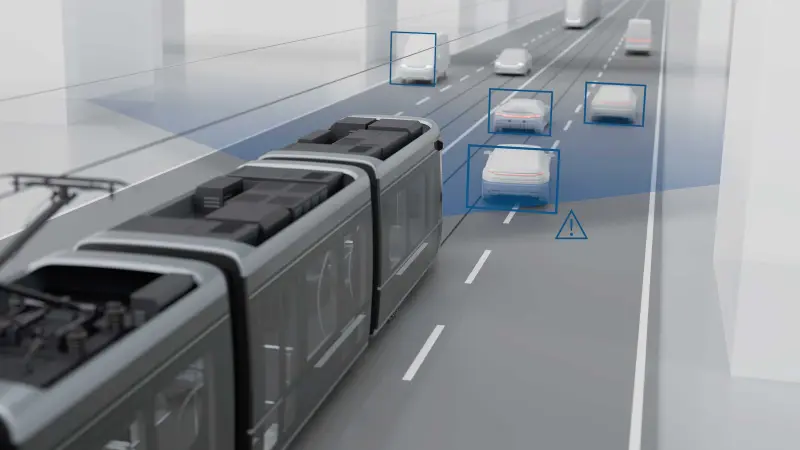3D graphic of a tram with the tram assist driver assistance system, which reduces the risk of accidents