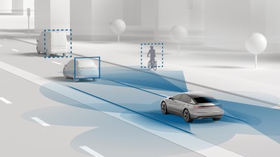 Vehicle with driver assistance system such as emergency braking assist or lane keeping assist from Bosch Engineering demonstrates automotive safety and convenience