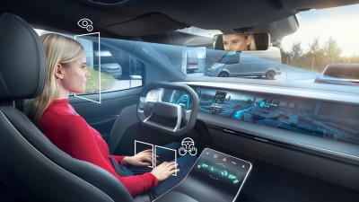 Camera and radar systems for the vehicle interior detect drowsiness of the woman driving the car and identify and classify all vehicle occupants
