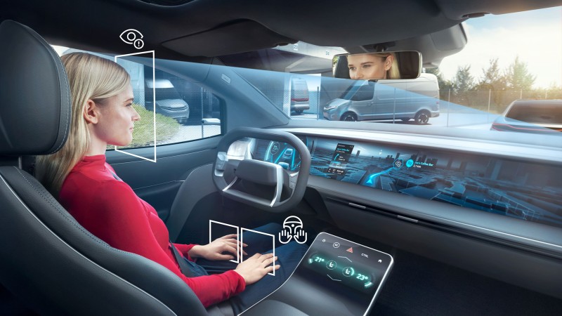 Camera and radar systems for the vehicle interior detect drowsiness of the woman driving the car and identify and classify all vehicle occupants