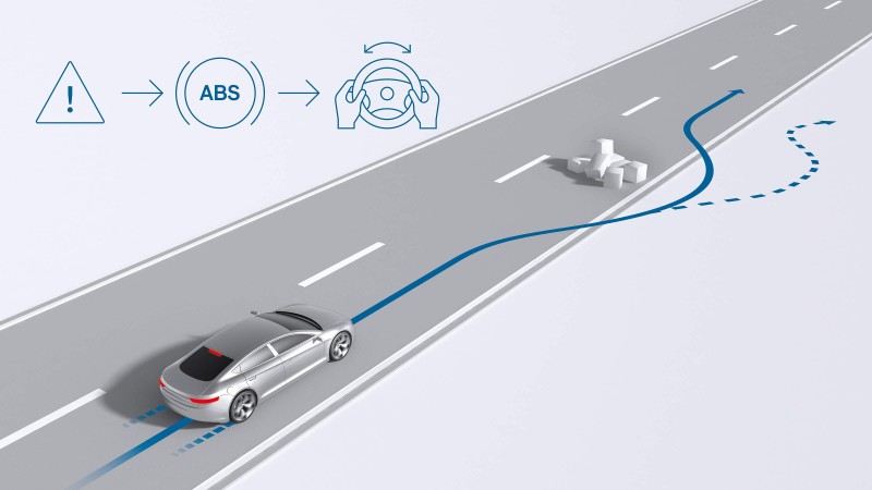 Schematic representation of a vehicle with antilock braking system (ABS) avoiding an obstacle
